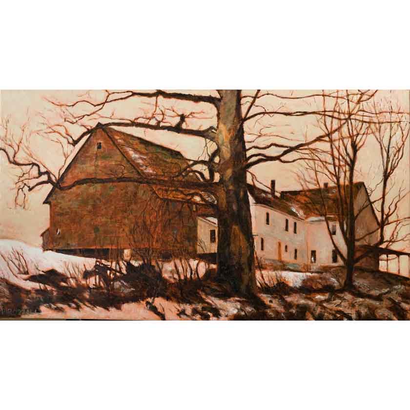 Oil painting of a house with trees and snow by Tom Pirozzoli