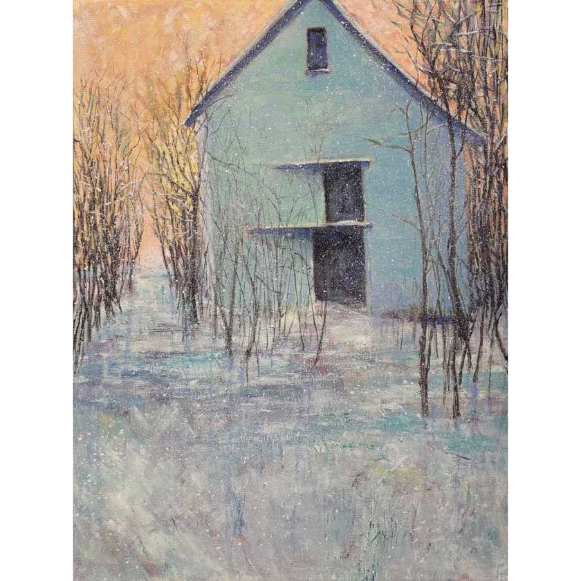 oil painting of a small house surrounded by bare trees in a snowy landscape by Tom Pirozzoli