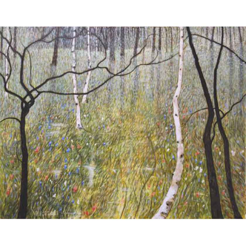 Oil painting of a forest scene with trees and flowers  by Tom Pirozzoli