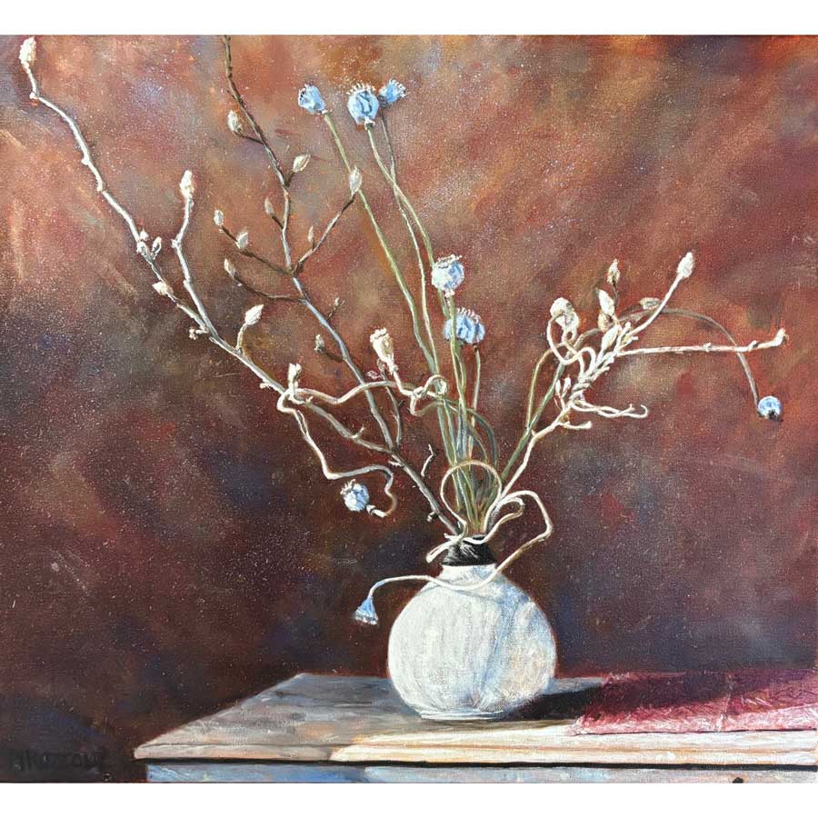 Oil painting of a vase with branches and flowers on a textured surface by Tom Pirozzoli