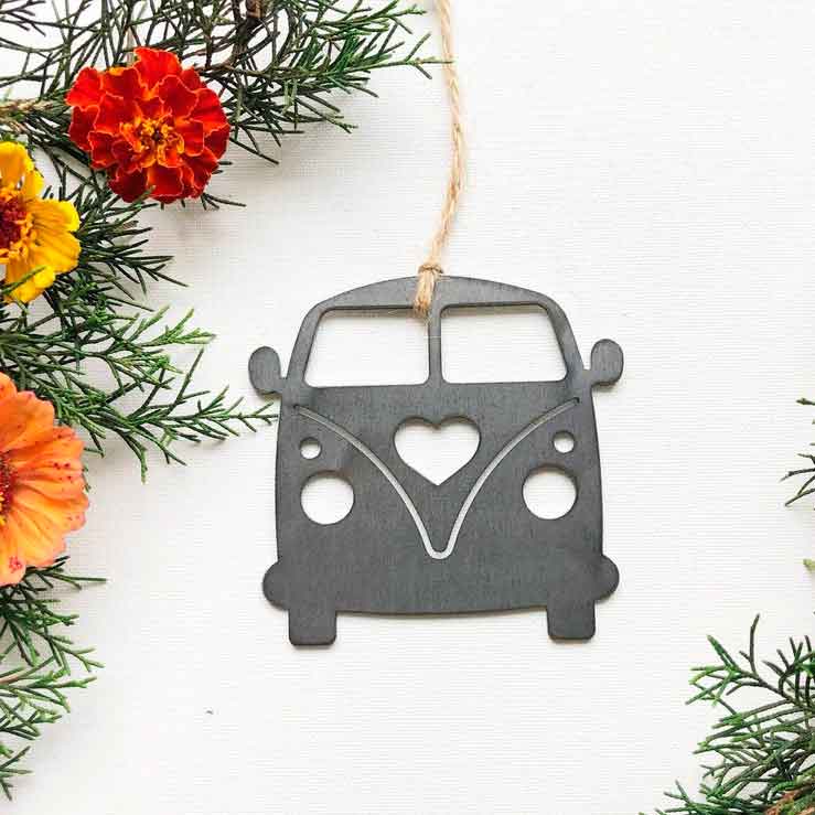 VW bus holiday metal ornament