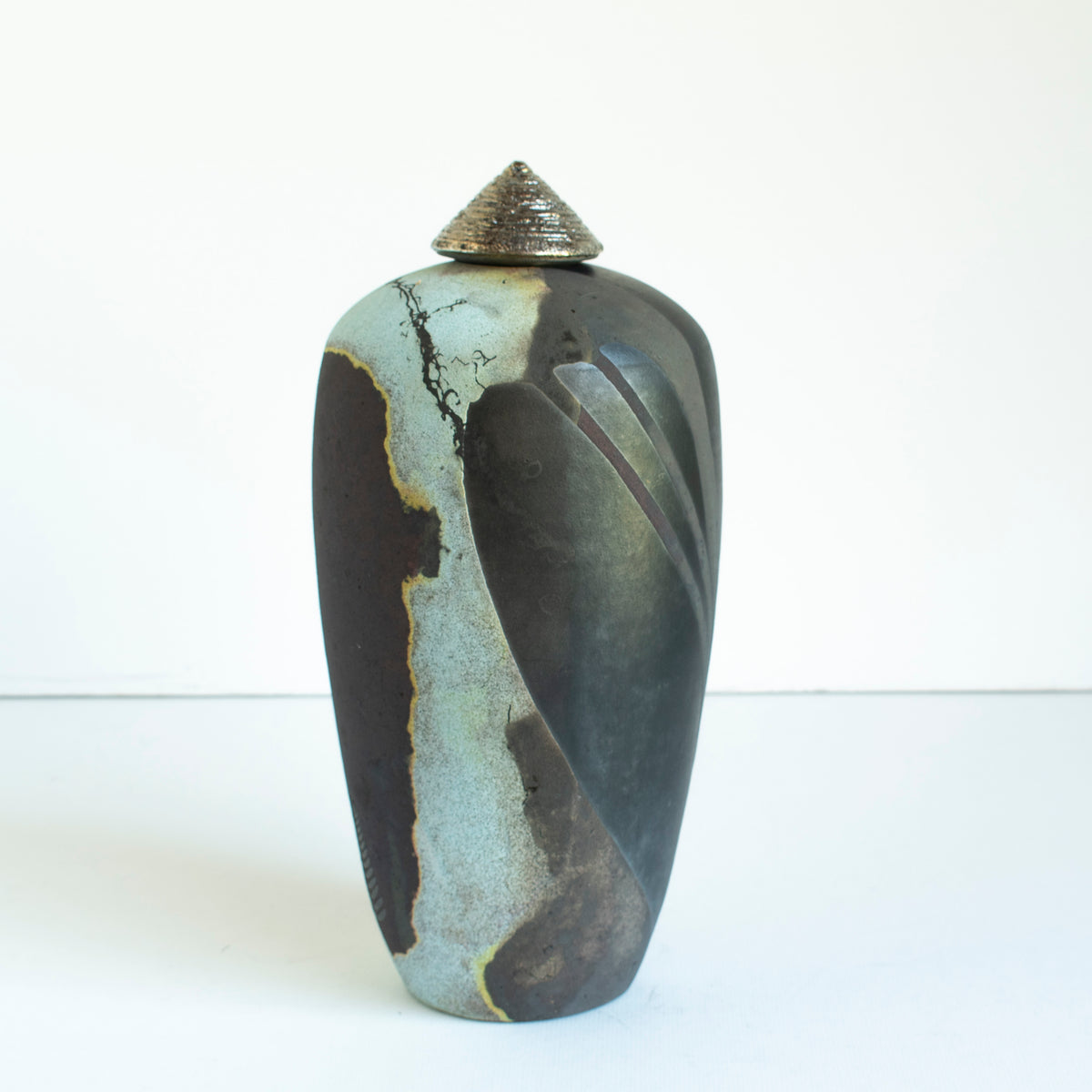 Moonscape Tall covered Horsehair Raku Vessel-14&quot;