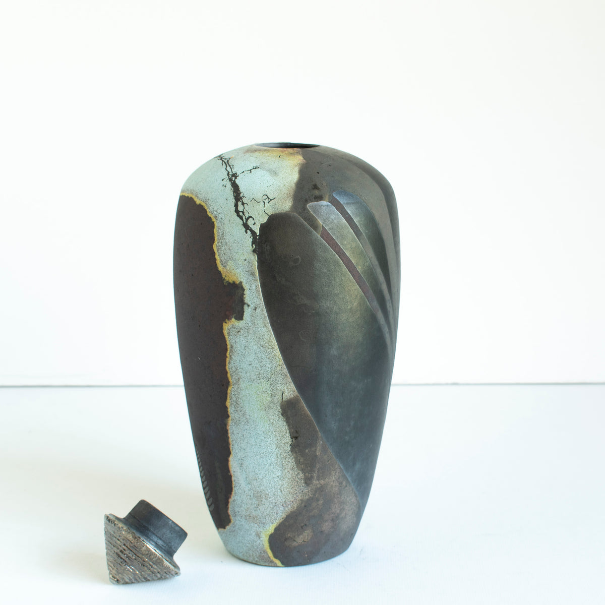 Moonscape Tall covered Horsehair Raku Vessel-14&quot;