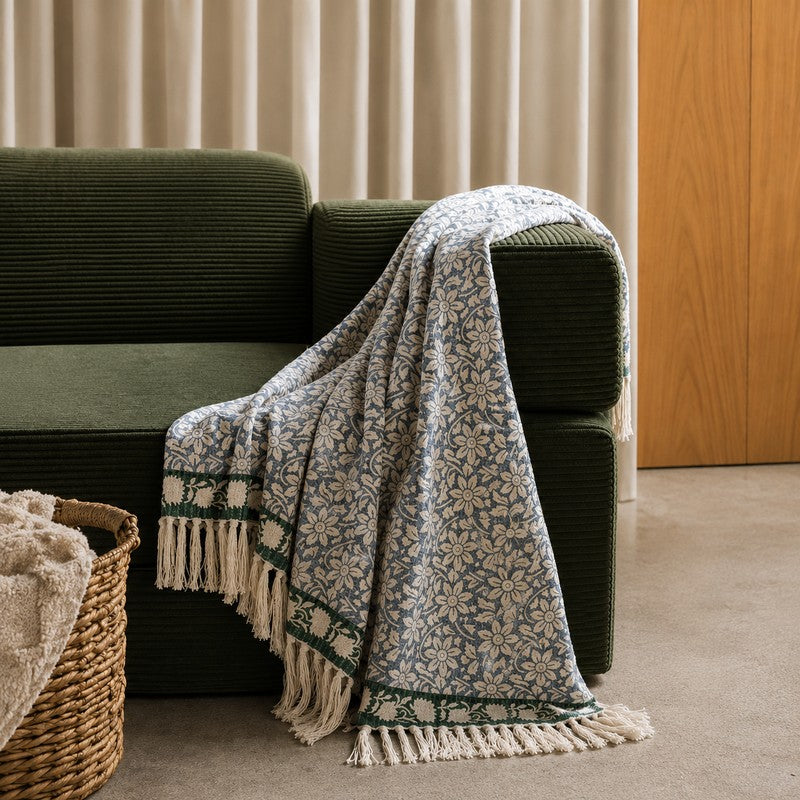 Blue Floral Cotton Throw