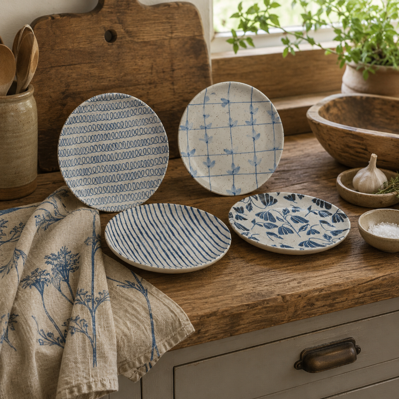Four round blue-and-white patterned ceramic plates displayed on a rustic wooden countertop, surrounded by kitchen props including a cloth, bowls, garlic, and herbs.