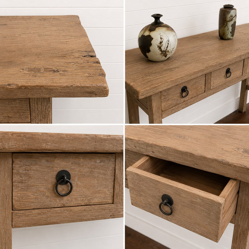 Handcrafted reclaimed wood console table with four drawers and iron ring pulls. A one-of-a-kind entryway, hallway, or sofa table rich in character and storage.