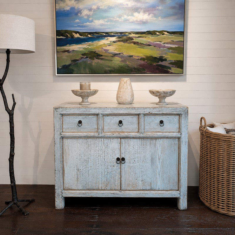 distressed blue cabinet, rustic storage cabinet, farmhouse sideboard, light blue buffet cabinet, reclaimed style furniture, entryway cabinet, cottage storage cabinet, vintage blue cabinet, wooden accent cabinet, farmhouse furniture, DaVallia furniture.