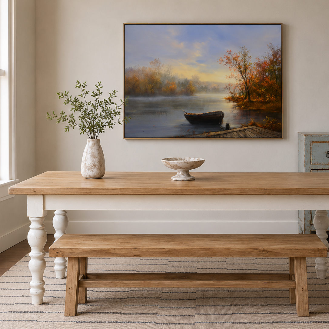 Classic farmhouse dining table featuring distressed white turned legs and a warm natural wood top. Timeless craftsmanship for everyday dining and entertaining.