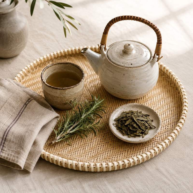 A ceramic teapot with a woven handle sits on a round woven tray beside a matching cup, a small dish of loose leaves, and a folded cloth, styled on a light fabric surface.