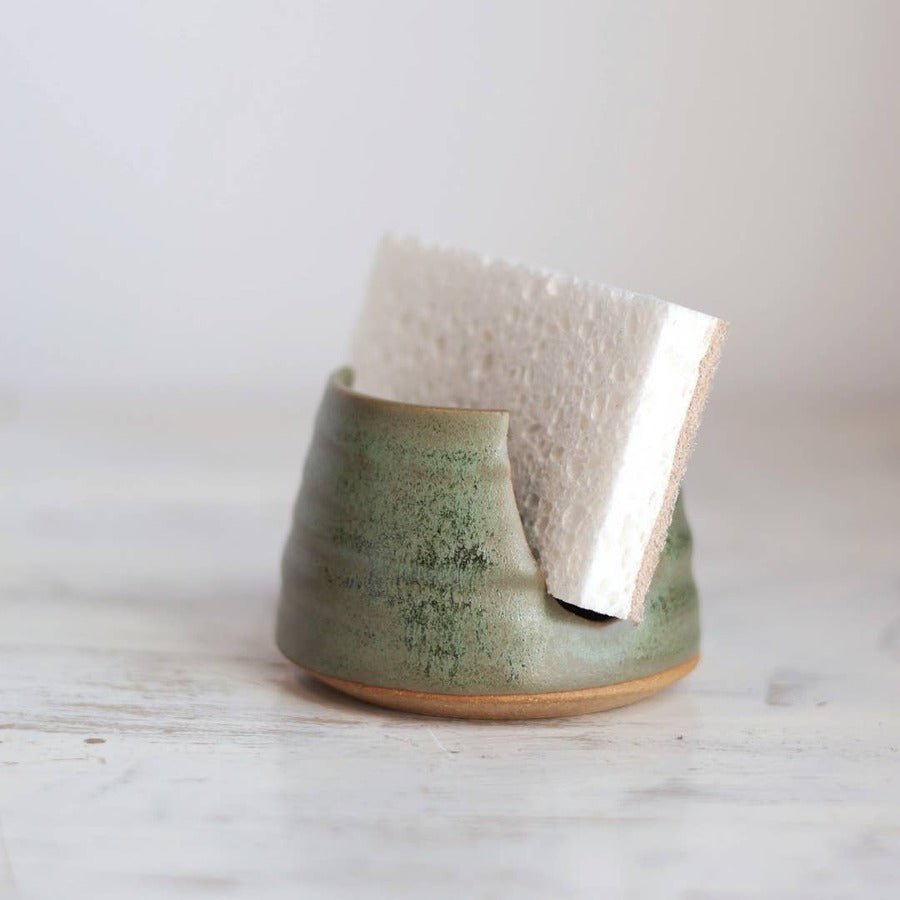Gravesco Pottery moss green stoneware sponge holder with sponge, angled view