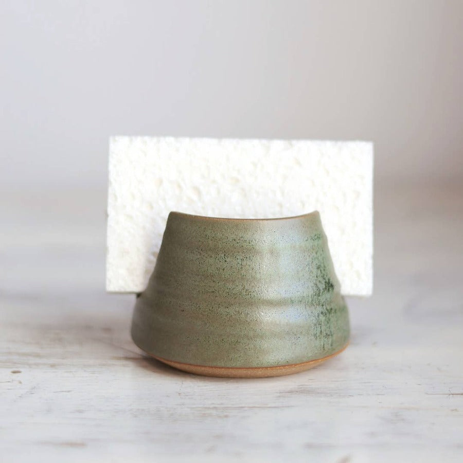 Gravesco Pottery moss green stoneware sponge holder with sponge, straight-on front view