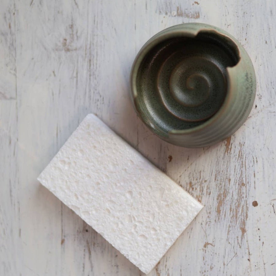 Gravesco Pottery moss green stoneware sponge holder shown top down with sponge beside it