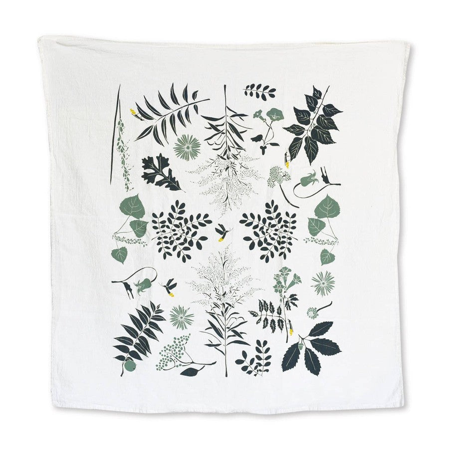 June & December Fireflies cotton flour sack kitchen tea towel with botanical foliage print
