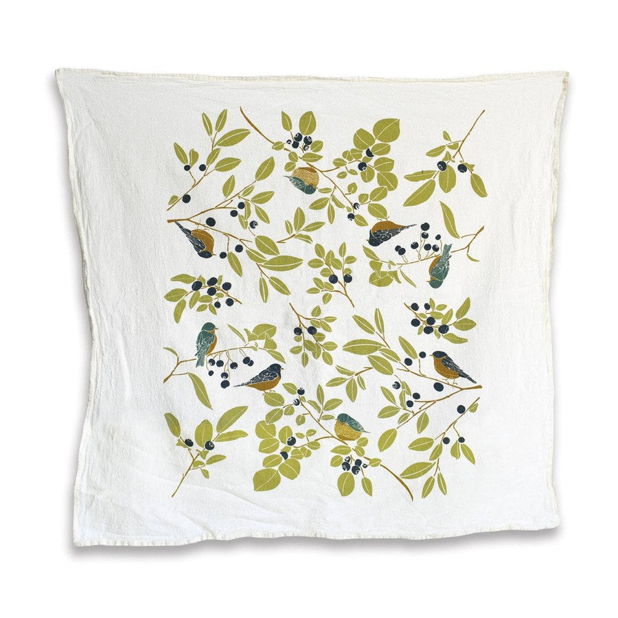 June & December Huckleberry Marsh cotton flour sack kitchen tea towel with bluebirds and berry branches