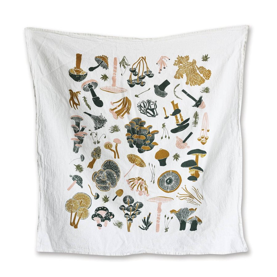 June & December Mosses and Mushrooms cotton flour sack kitchen tea towel with foraged mushroom print