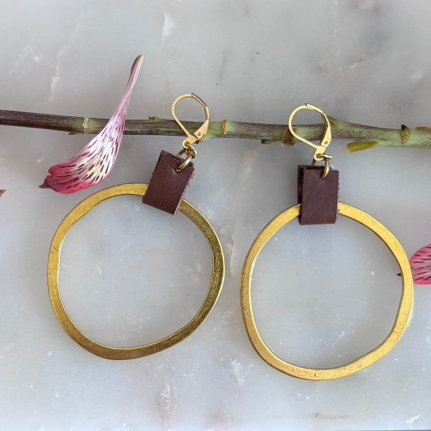 Brass Circle Leather Earrings