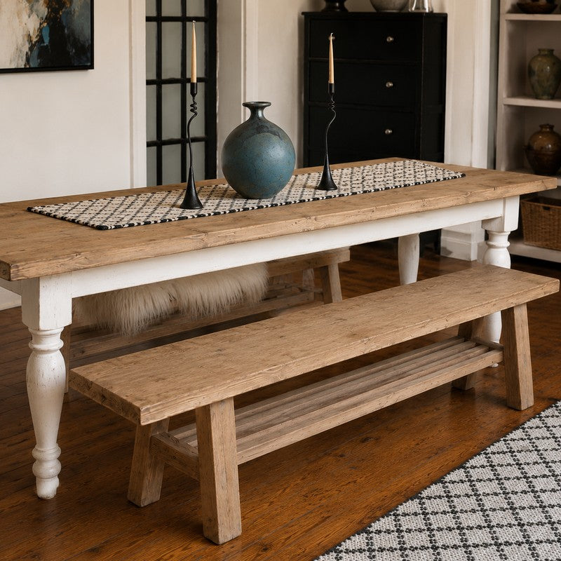 Handcrafted reclaimed wood dining bench with timeless farmhouse style. Perfect for dining rooms, entryways, mudrooms, and bedrooms. Approx. 70" wide.