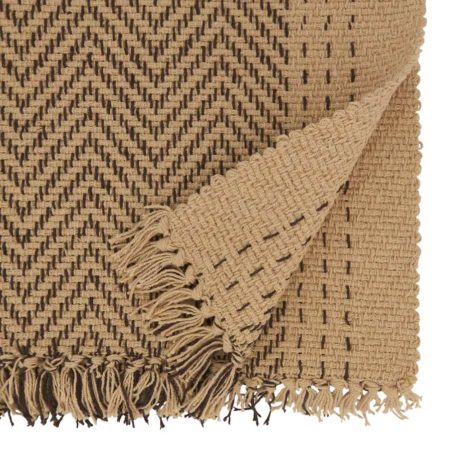 Saro Lifestyle Kantha stitch natural cotton table runner with chevron pattern, fringed corner detail