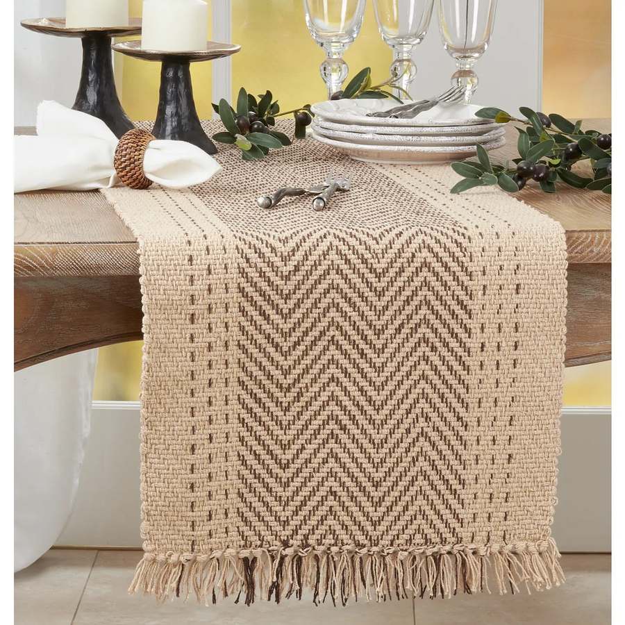 Saro Lifestyle Kantha stitch natural cotton table runner styled with candles and place setting
