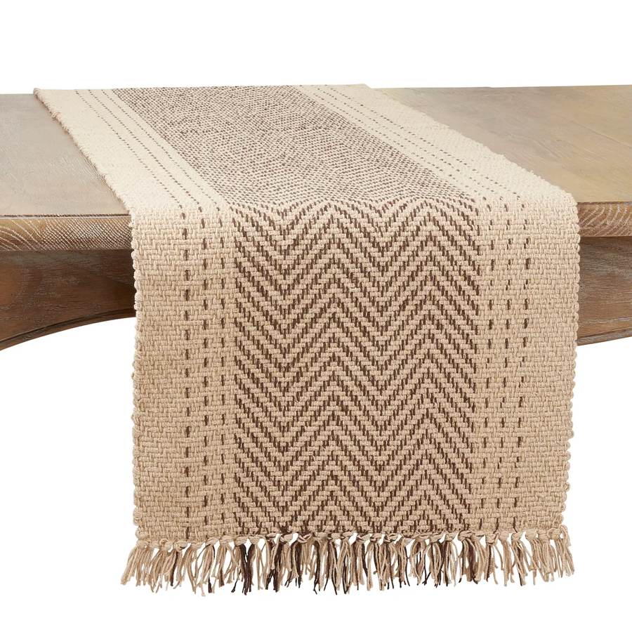 Saro Lifestyle Kantha stitch natural cotton table runner draped on wood dining table showing chevron weave