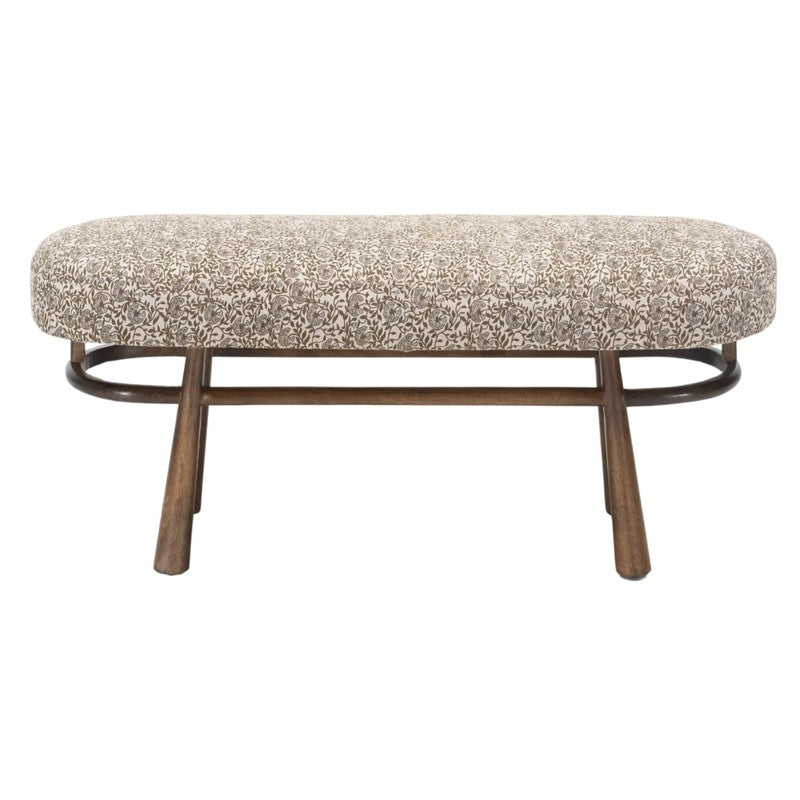 Dahlia Bench. Featuring hand block-printed linen upholstery, a solid wood frame, and botanical detailing, it's perfect for bedrooms, entryways, and living spaces.