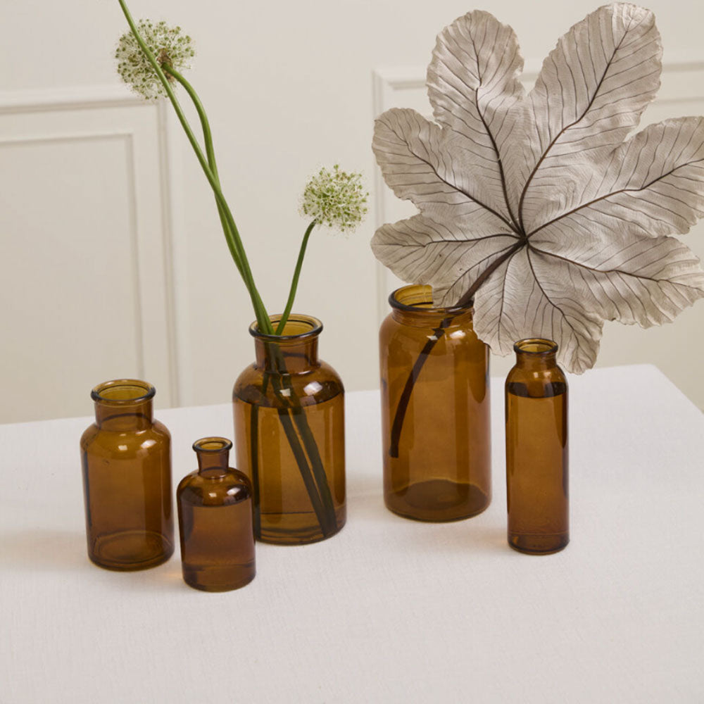 Set of brown glass bottles with plants on a white surface