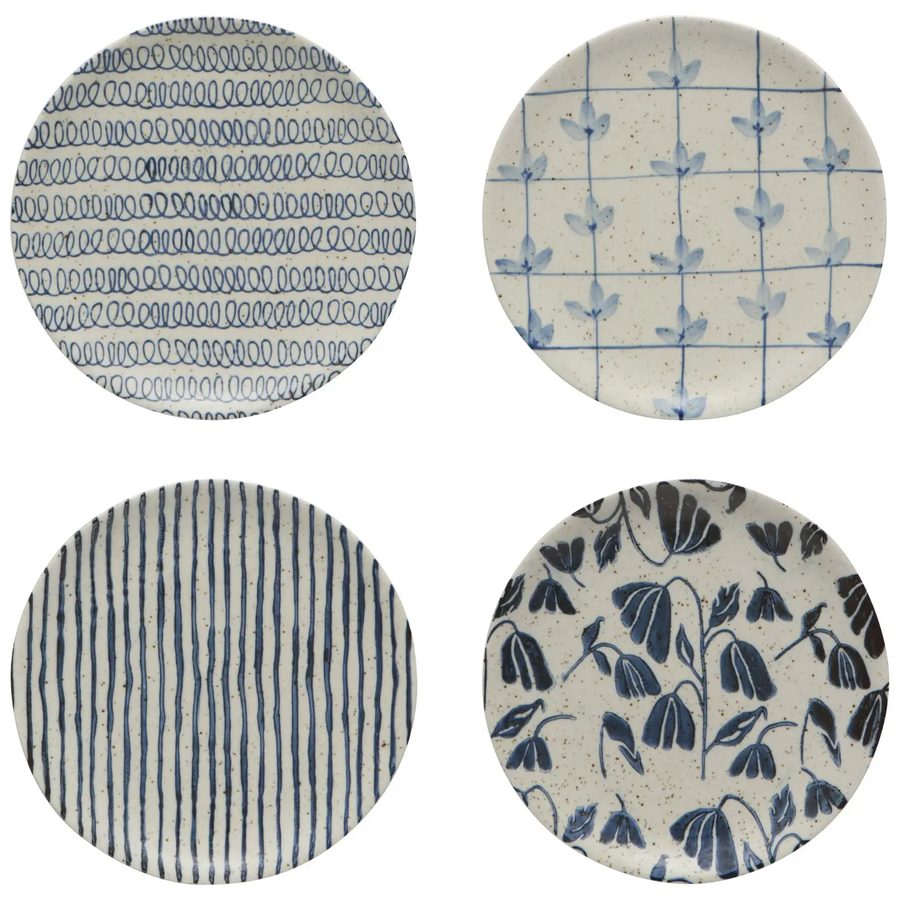 Stoneware appetizer plates set of 4 with blue and white botanical and geometric patterns | DaVallia Art & Interiors Chester Vermont