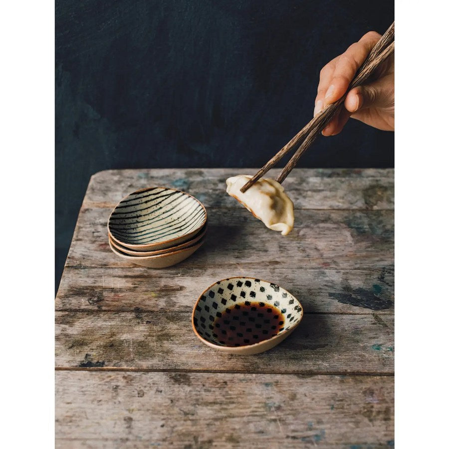 Stoneware dipping dishes set of 4 in lifestyle shot with chopsticks and soy sauce on rustic wood table | DaVallia Art & Interiors Chester Vermont