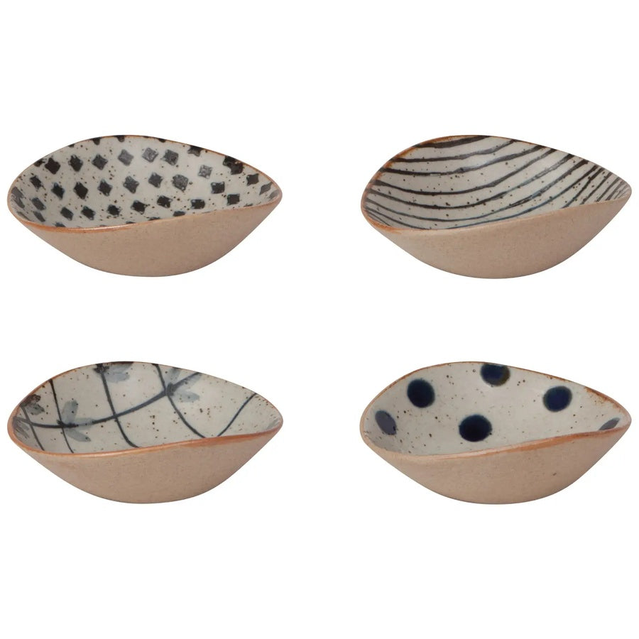 Stoneware dipping dishes set of 4 with mixed geometric and dot patterns top view on white background | DaVallia Art & Interiors Chester Vermont