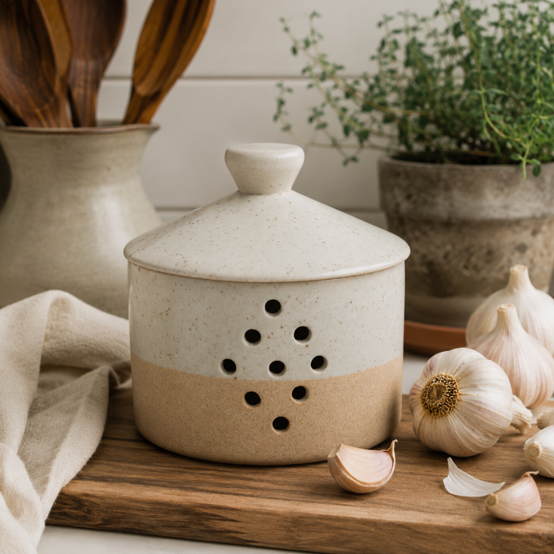 Keep garlic fresh longer with this handcrafted stoneware garlic keeper. Ventilated ceramic design with timeless neutral glaze for beautiful countertop storage.