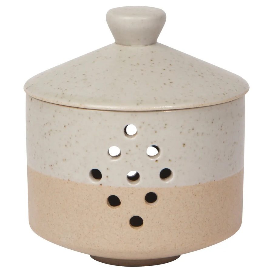 Handcrafted stoneware garlic keeper with perforated dome lid and cream reactive glaze | DaVallia Art & Interiors Chester Vermont