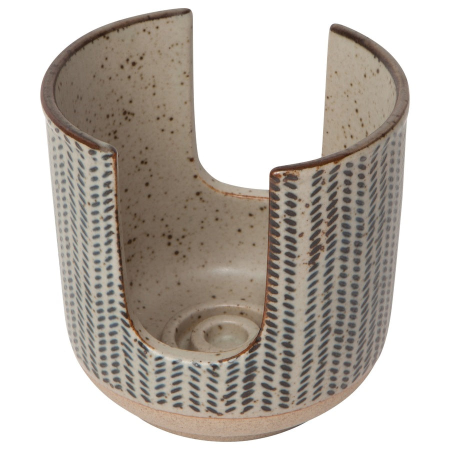 Stoneware herringbone sponge holder with indigo dot pattern and open U-shaped front | DaVallia Art & Interiors Chester Vermont