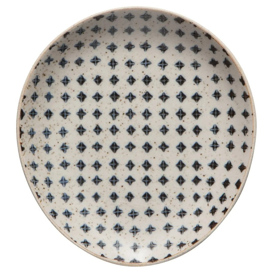Stoneware spoon rest with indigo lattice and star pattern reactive glaze top view | DaVallia Art & Interiors Chester Vermont