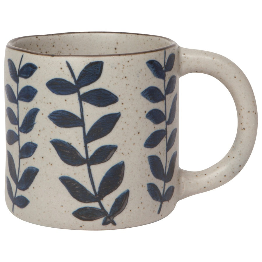 Stoneware vine leaf mug with deep indigo botanical pattern on speckled cream glaze | DaVallia Art & Interiors Chester Vermont