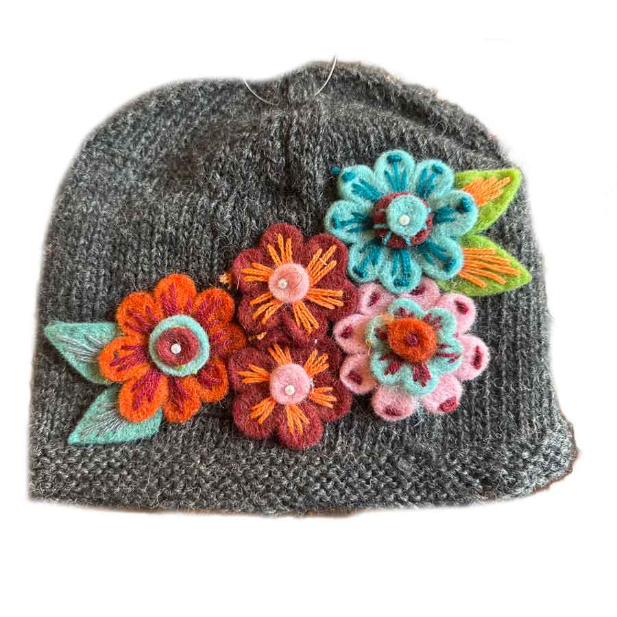 Gray knit beanie with colorful flower decorations on a white background