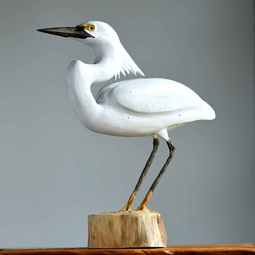 Hand Carved Wood and Metal White Egret Bird Statue 21 Inches High