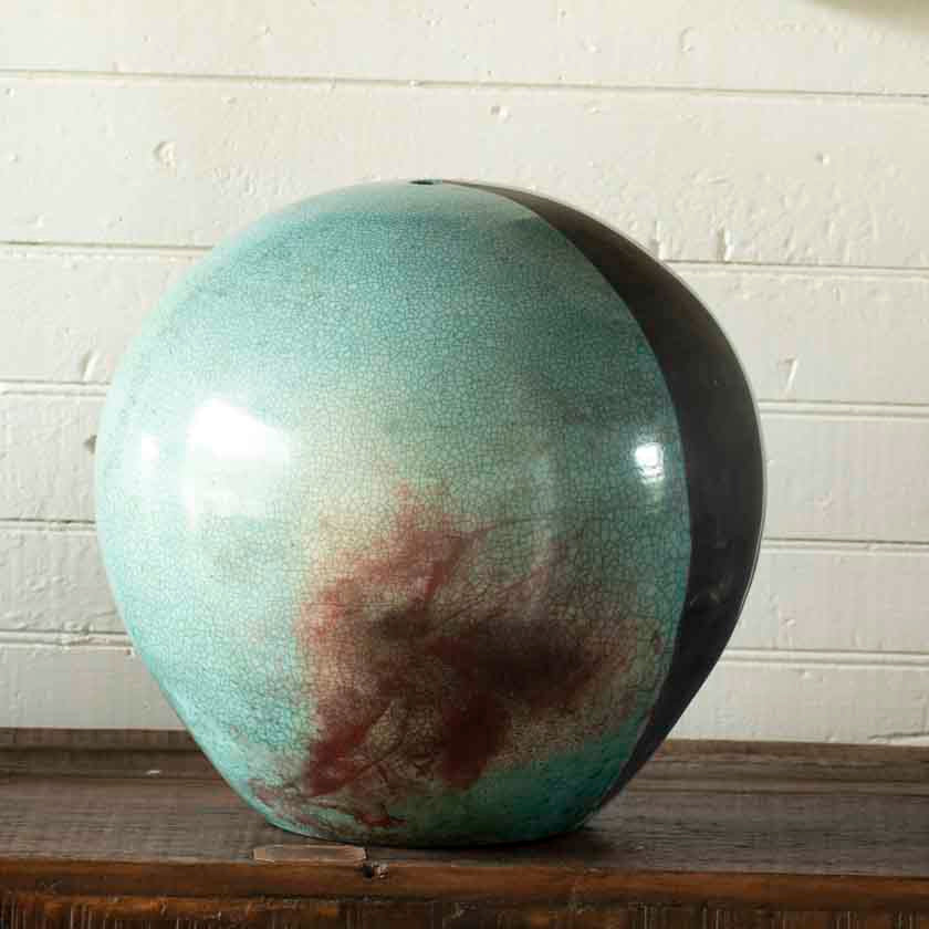 Turquoise Raku Sphere Vessel- 13&quot;