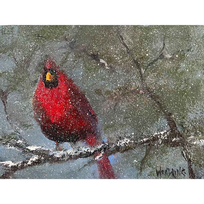 VT landscape oil painting with cardinal by Marilyn Wendling
