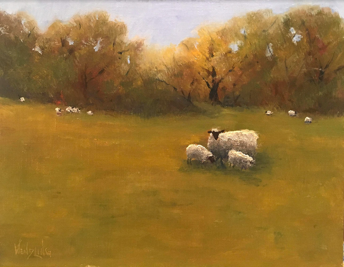 Sheep With Lambs In Meadow-Oil Painting 11x14