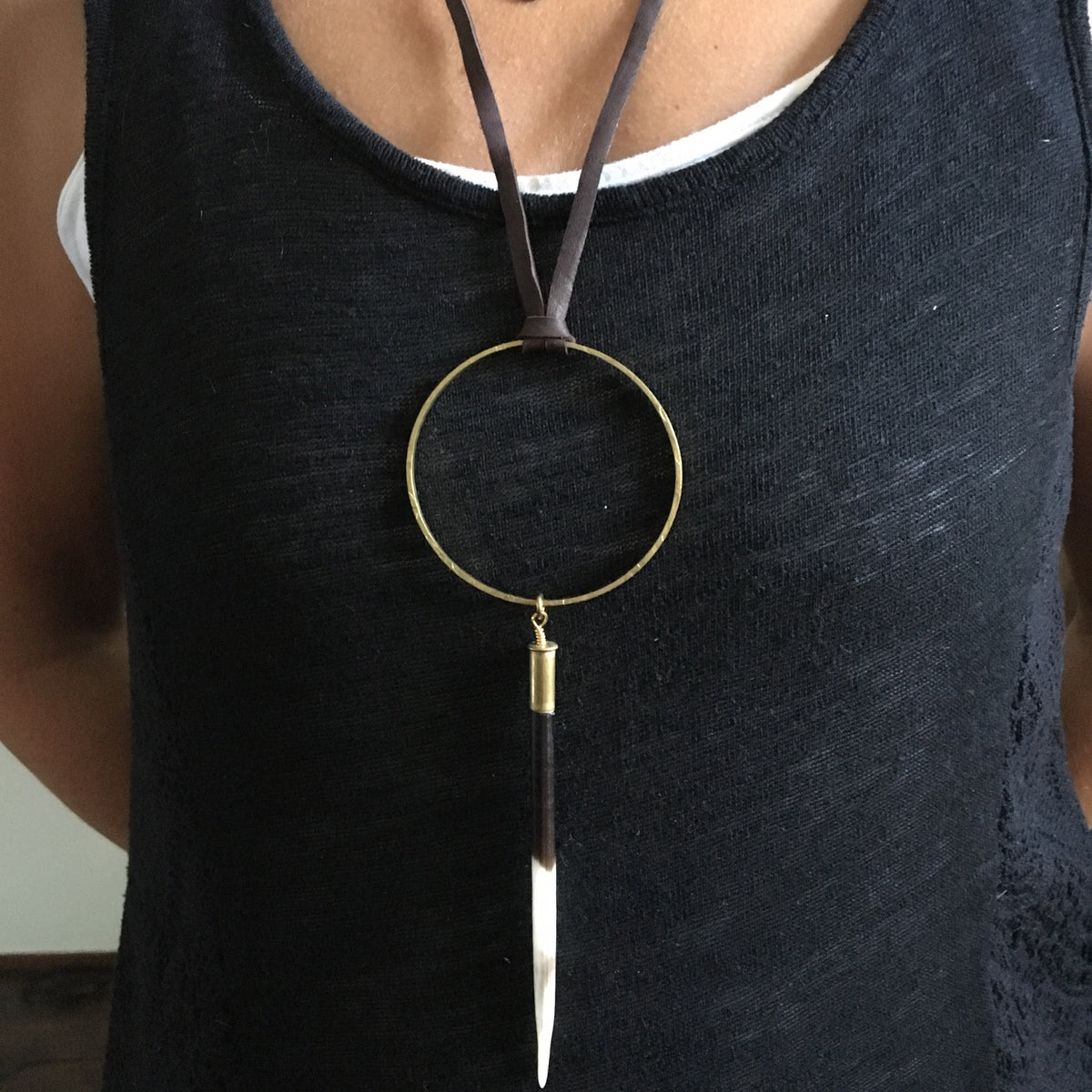 Circle Porcupine Quill Necklace on Black  Leather