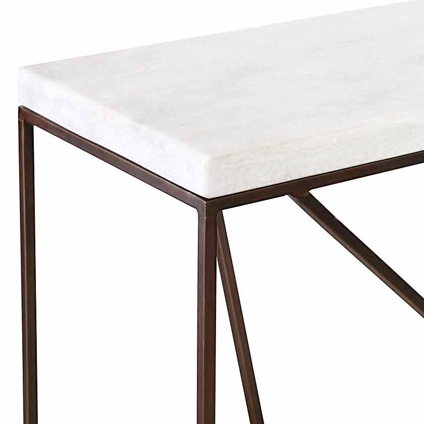 steel and marble narrow console table detail